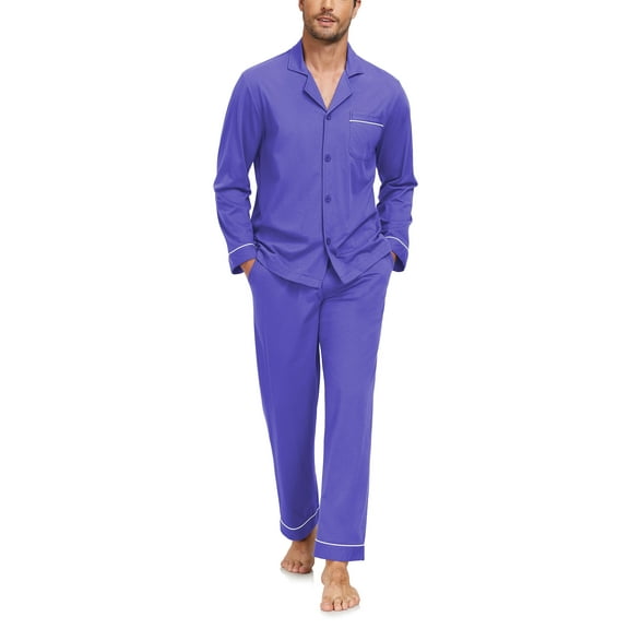 ANLIQI Men's 100% Cotton Pajamas Set Button Down Pajamas for Men Long Sleeve 2 Piece Sleepwear Lounge Sets with Pockets(Purple XL)