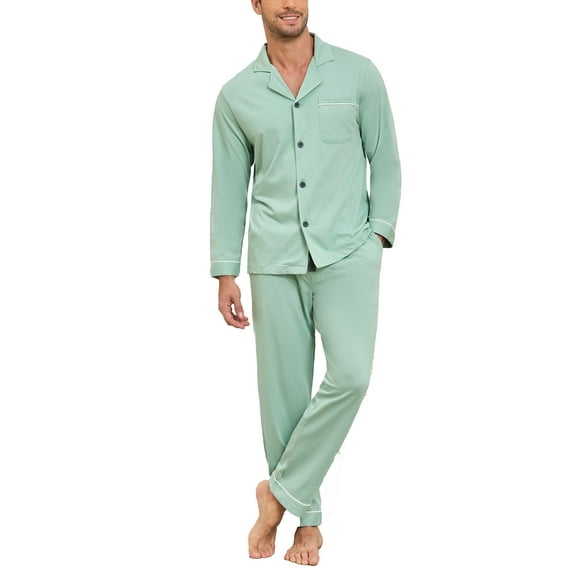 ANLIQI Men's 100% Cotton Pajamas Set Button Down Pajamas for Men Long Sleeve 2 Piece Sleepwear Lounge Sets with Pockets(Turquoise S)