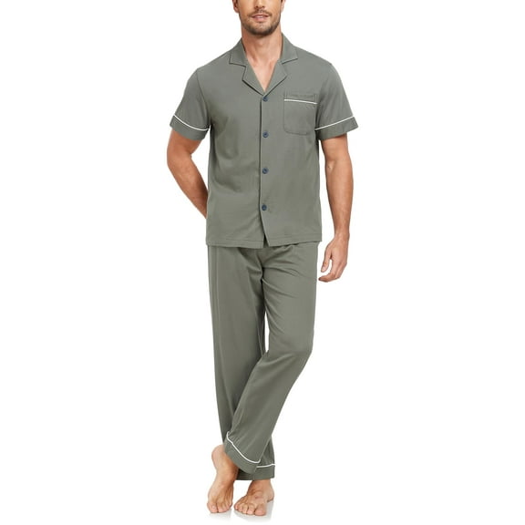 ANLIQI Men's 100% Cotton Pajamas Set Button Down Sleepwear Short Sleeve and Long Pants Pjs (Army Green,L)