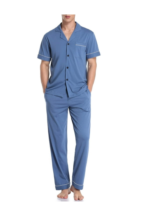 Men's 100% Cotton Pajamas Set Button Down Sleepwear Short Sleeve and Long Pants Pjs (Blue,L)