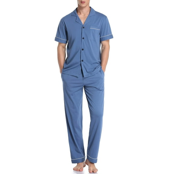 ANLIQI Men's 100% Cotton Pajamas Set Button Down Sleepwear Short Sleeve and Long Pants Pjs (Blue,M)