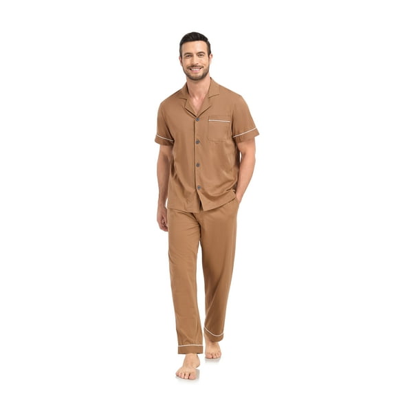 ANLIQI Men's 100% Cotton Pajamas Set Button Down Sleepwear Short Sleeve and Long Pants Pjs (Brown,L)