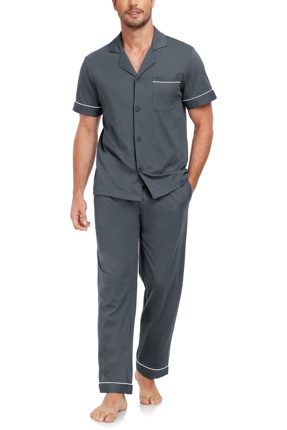 Men's 100% Cotton Pajamas Set Button Down Sleepwear Short Sleeve and Long Pants Pjs (Dark Gray,M)