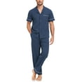 thumbnail image 1 of ANLIQI Men's 100% Cotton Pajamas Set Button Down Sleepwear Short Sleeve and Long Pants Pjs (Heather Navy,L), 1 of 7