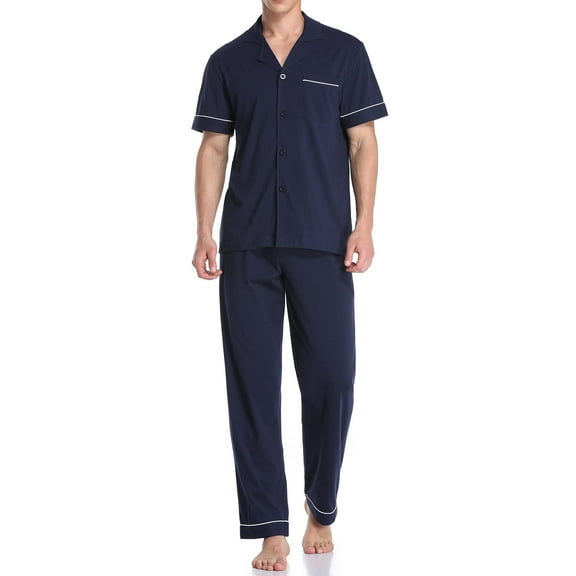 ANLIQI Men's 100% Cotton Pajamas Set Button Down Sleepwear Short Sleeve and Long Pants Pjs (Navy Blue,M)