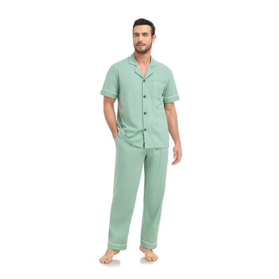 ANLIQI Men's 100% Cotton Pajamas Set Button Down Sleepwear Short Sleeve and Long Pants Pjs (Turquoise,S)