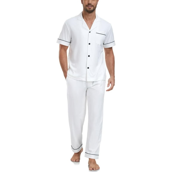 ANLIQI Men's 100% Cotton Pajamas Set Button Down Sleepwear Short Sleeve and Long Pants Pjs (White,M)