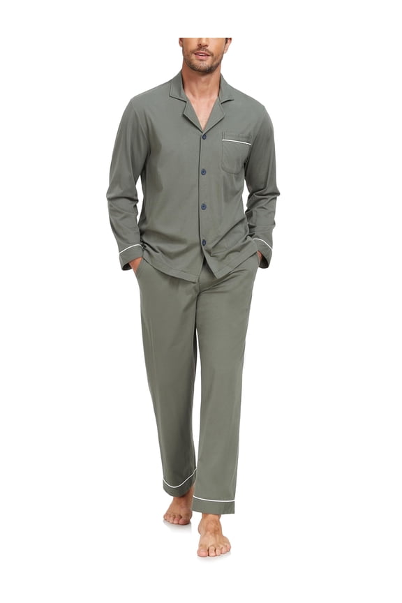 Men's 100% Cotton Pajamas Set Button Down Pajamas for Men Long Sleeve 2 Piece Sleepwear Lounge Sets with Pockets(Army Green L)
