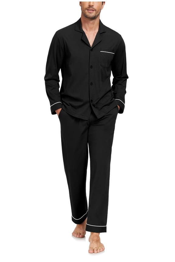 Men's 100% Cotton Pajamas Set Long Sleeve Button Down Soft Sleepwear with Pockets(Black L)