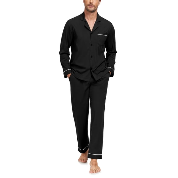 ANLIQI Men's 100% Cotton Pajamas Set Long Sleeve Button Down Soft Sleepwear with Pockets(Black M)