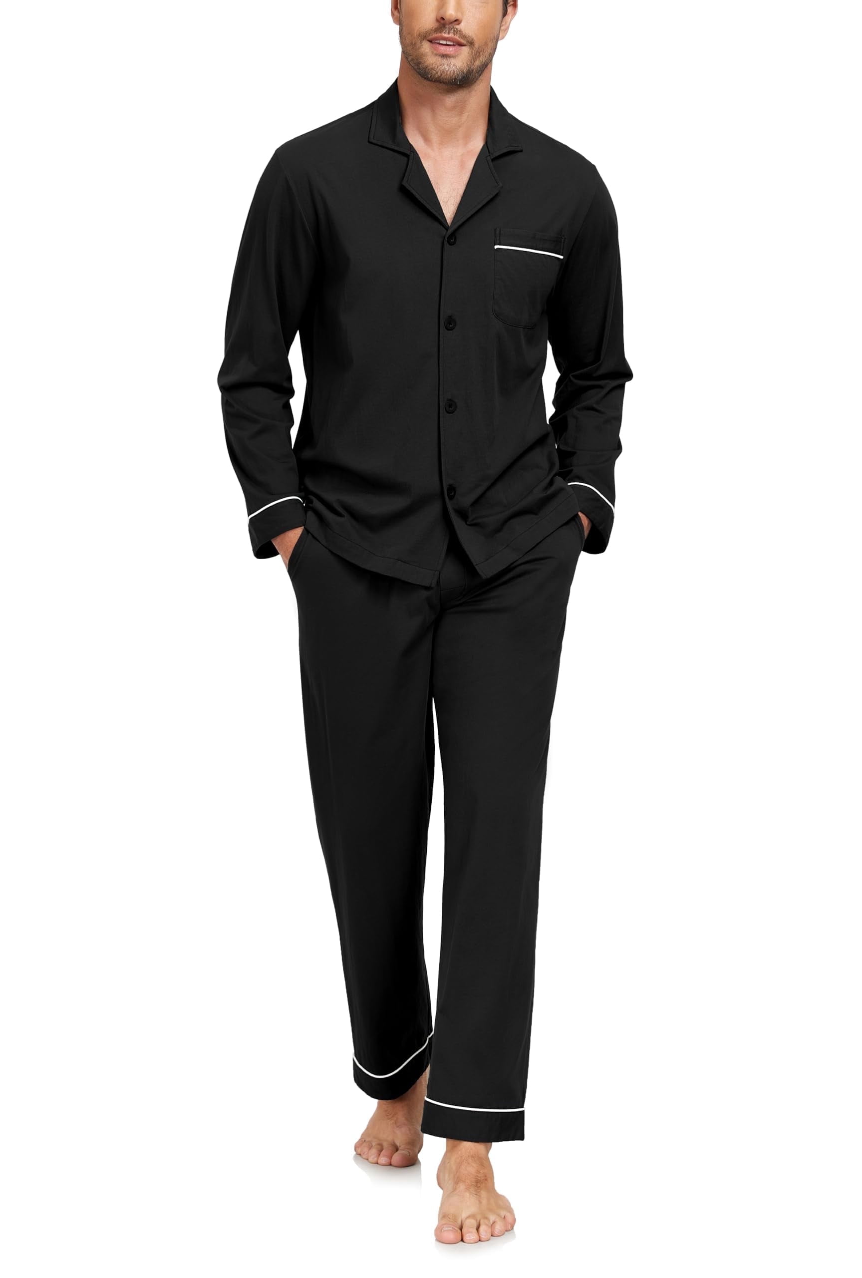ANLIQI Men's 100% Cotton Pajamas Set Button Down Pajamas for Men Long ...