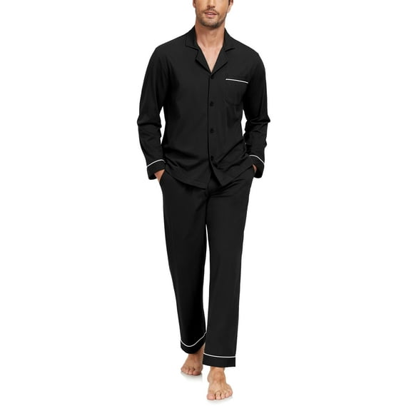 ANLIQI Men's 100% Cotton Pajamas Set Button Down Pajamas for Men Long Sleeve 2 Piece Sleepwear Lounge Sets with Pockets(Black XL)