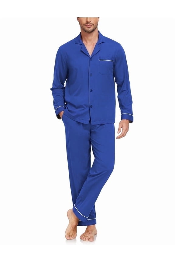 Men's 100% Cotton Pajamas Set Button Down Pajamas for Men Long Sleeve 2 Piece Sleepwear Lounge Sets with Pockets(Cobalt Blue L)