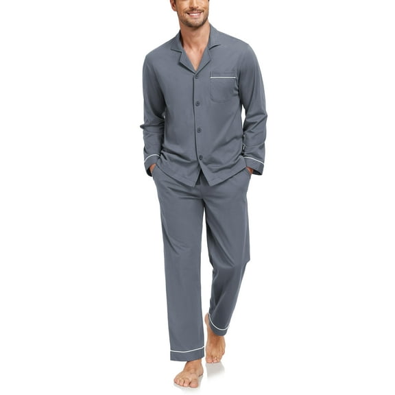 ANLIQI Men's 100% Cotton Pajamas Set Button Down Pajamas for Men Long Sleeve 2 Piece Sleepwear Lounge Sets with Pockets(Dark Gray M)