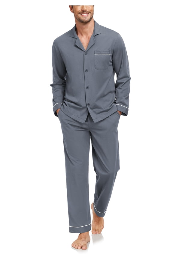 Men's 100% Cotton Pajamas Set Long Sleeve Button Down Soft Sleepwear with Pockets(Dark Gray M)