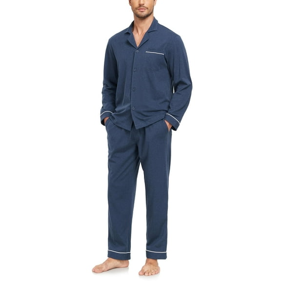 ANLIQI Men's 100% Cotton Pajamas Set Button Down Pajamas for Men Long Sleeve 2 Piece Sleepwear Lounge Sets with Pockets(Heather Navy S)