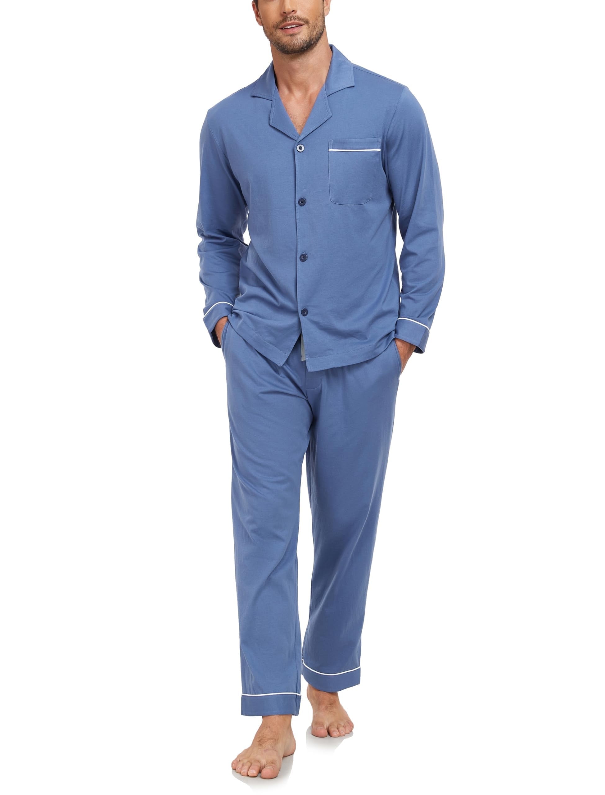 ANLIQI Men's 100% Cotton Pajamas Set Button Down Pajamas for Men Long ...
