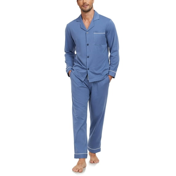 ANLIQI Men's 100% Cotton Pajamas Set Button Down Pajamas for Men Long Sleeve 2 Piece Sleepwear Lounge Sets with Pockets(Light Blue L)