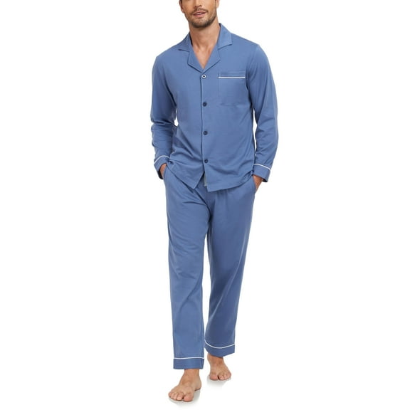 ANLIQI Men's 100% Cotton Pajamas Set Button Down Pajamas for Men Long Sleeve 2 Piece Sleepwear Lounge Sets with Pockets(Light Blue M)