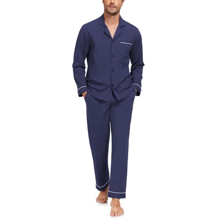ANLIQI Men's 100% Cotton Pajamas Set Button Down Pajamas for Men Long Sleeve 2 Piece Sleepwear Lounge Sets with Pockets(Navy Blue L)