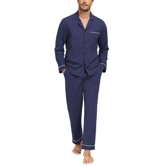 ANLIQI Men's 100% Cotton Pajamas Set Button Down Pajamas for Men Long Sleeve 2 Piece Sleepwear Lounge Sets with Pockets(Navy Blue XL)