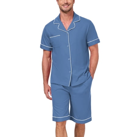 ANLIQI Men's 100% Cotton Pajamas Set Summer Short Set Button Down Sleepwear Soft Loungewear with Pockets (Blue L)