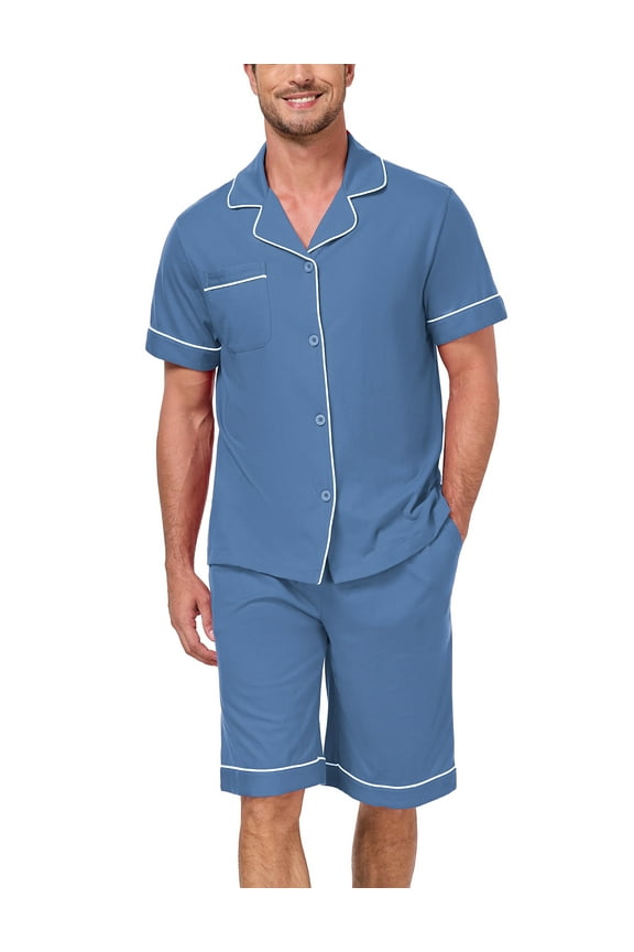 Men's 100% Cotton Pajamas Set Summer Short Set Button Down Sleepwear Soft Loungewear with Pockets (Blue XL)