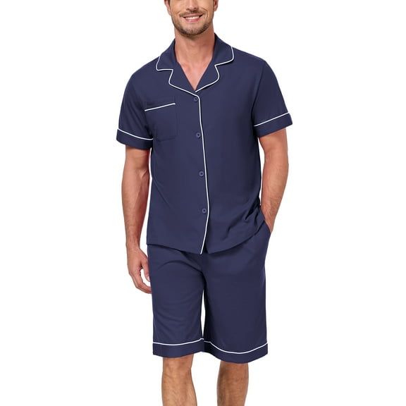ANLIQI Men's 100% Cotton Pajamas Set Summer Short Set Button Down Sleepwear Soft Loungewear with Pockets (Cherry L)
