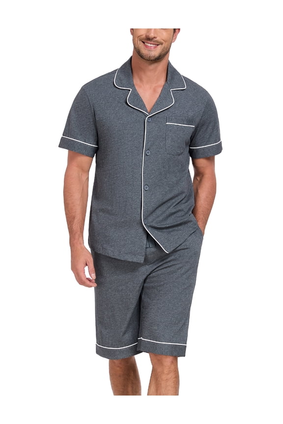 Men's 100% Cotton Pajamas Set Summer Short Set Button Down Sleepwear Soft Loungewear with Pockets (Cherry L)