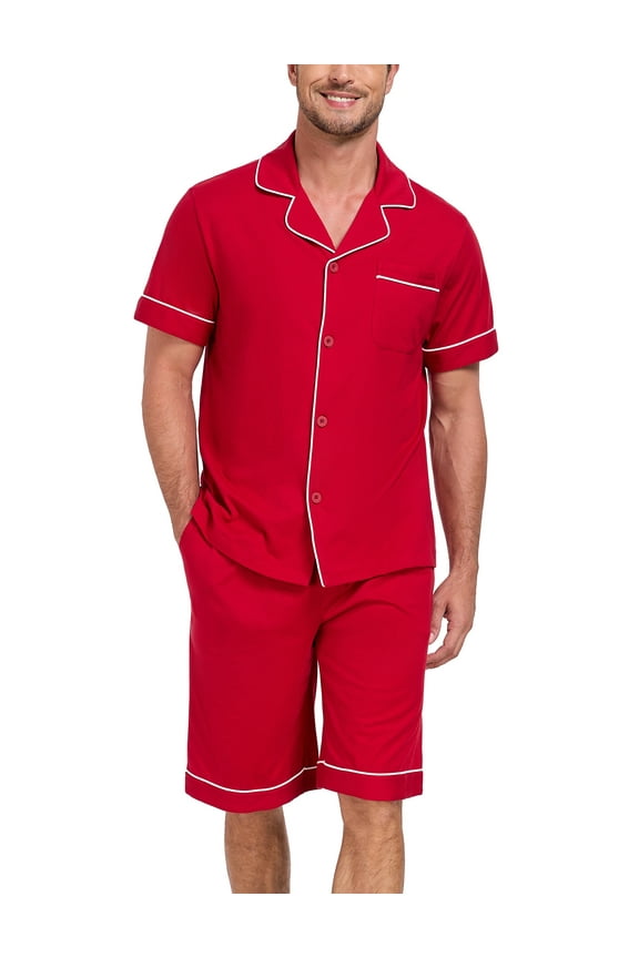 Men's 100% Cotton Pajamas Set Summer Short Set Button Down Sleepwear Soft Loungewear with Pockets (Cherry M)