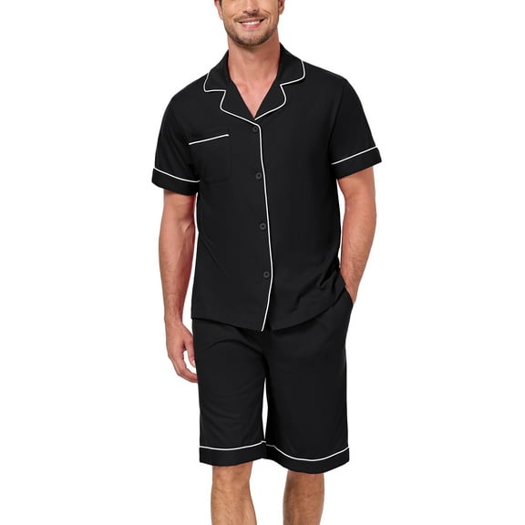 ANLIQI Men's 100% Cotton Pajamas Set Summer Short Set Button Down Sleepwear Soft Loungewear with Pockets (Cherry S)