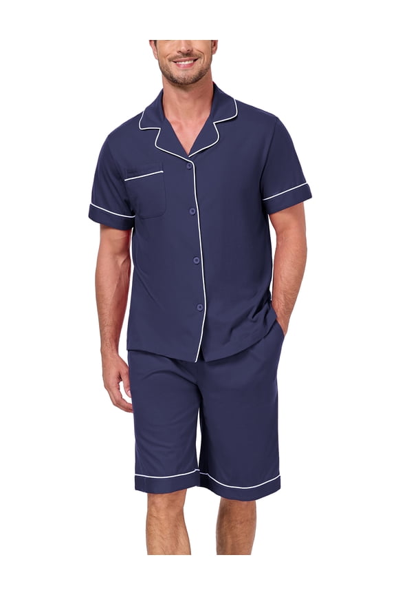 Men's 100% Cotton Pajamas Set Summer Short Set Button Down Sleepwear Soft Loungewear with Pockets (Cherry S)
