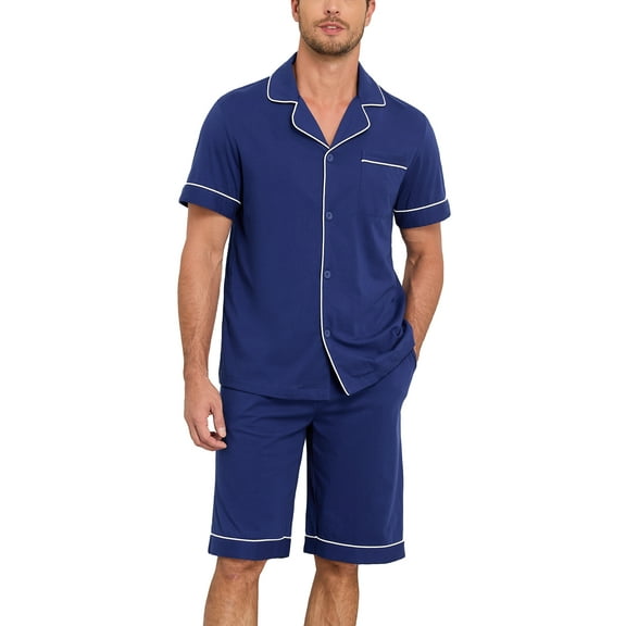 ANLIQI Men's 100% Cotton Pajamas Set Summer Short Set Button Down Sleepwear Soft Loungewear with Pockets (Cobalt Blue L)