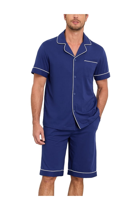 Men's 100% Cotton Pajamas Set Summer Short Set Button Down Sleepwear Soft Loungewear with Pockets (Cobalt Blue S)