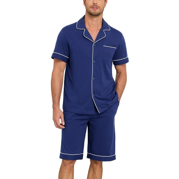 ANLIQI Men's 100% Cotton Pajamas Set Summer Short Set Button Down Sleepwear Soft Loungewear with Pockets (Cobalt Blue XL)