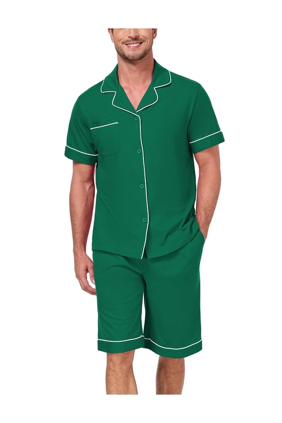 Men's 100% Cotton Pajamas Set Summer Short Set Button Down Sleepwear Soft Loungewear with Pockets (Green M)