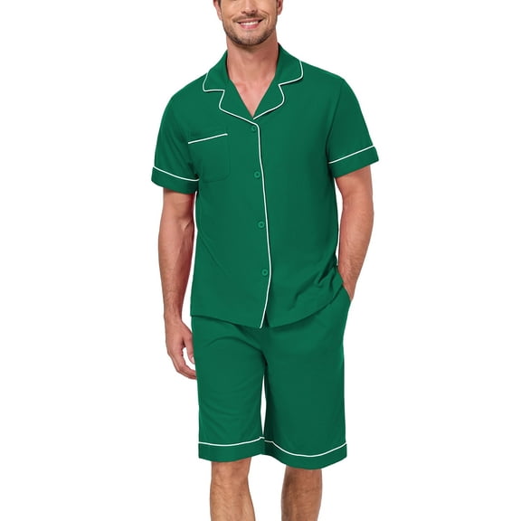 ANLIQI Men's 100% Cotton Pajamas Set Summer Short Set Button Down Sleepwear Soft Loungewear with Pockets (Green S)