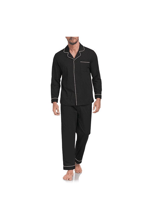 Mens 100% Cotton Pajama Sets Button Down Mens Pajama Sets Long Sleeve Knit mens Pajama Sets with Pockets(Black,XL)