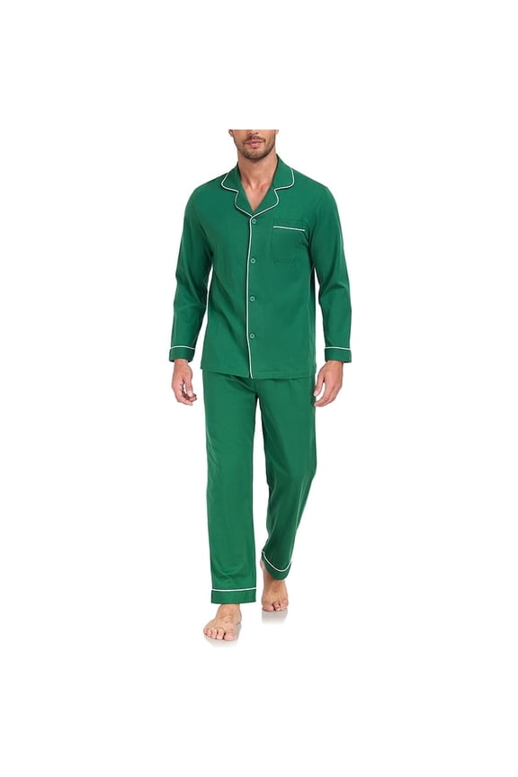 Mens 100% Cotton Pajama Sets Button Down Mens Pajama Sets Long Sleeve Knit mens Pajama Sets with Pockets(Green,XL)