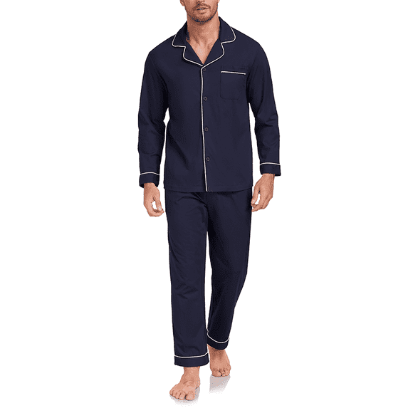 ANLIQI Mens 100% Cotton Pajama Sets Button Down Mens Pajama Sets Long Sleeve Knit mens Pajama Sets with Pockets(Navy Blue,M)