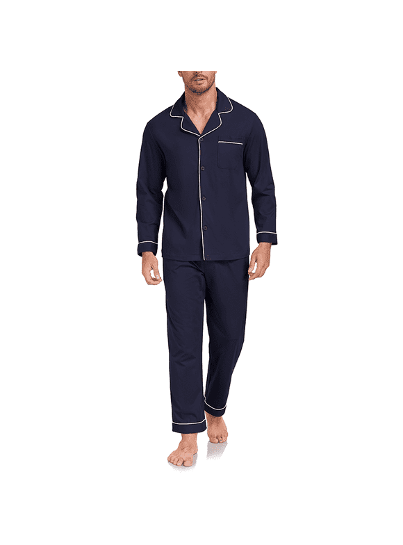 Mens 100% Cotton Pajama Sets Button Down Mens Pajama Sets Long Sleeve Knit mens Pajama Sets with Pockets(Navy Blue,M)
