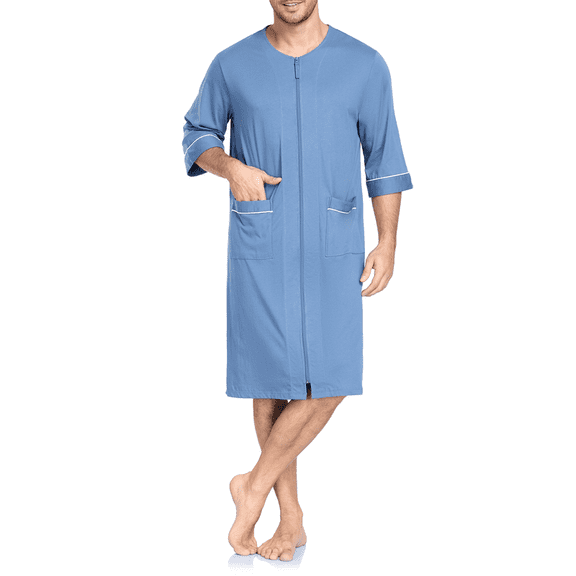 ANLIQI Men's 100% Cotton Robe Soft Zipper Bathrobes Short Sleeve Summer Kimono House Coat with Pockets (Blue, XL)