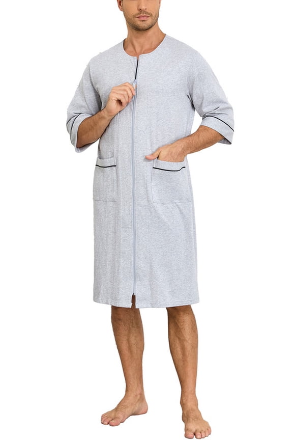 Men's 100% Cotton Robe Soft Zipper Bathrobes Short Sleeve Summer Kimono House Coat with Pockets (Grey, 2XL)