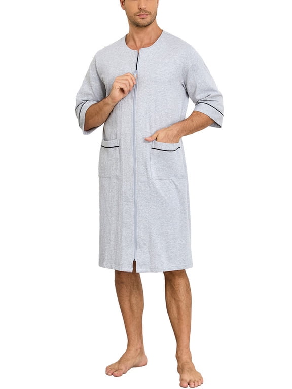 Men's 100% Cotton Robe Soft Zipper Bathrobes Short Sleeve Summer Kimono House Coat with Pockets (Grey, M)