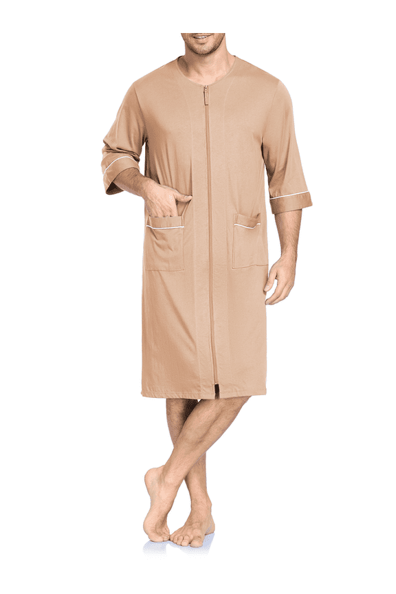 Men's 100% Cotton Robe Soft Zipper Bathrobes Short Sleeve Summer Kimono House Coat with Pockets (Sandshell, L)