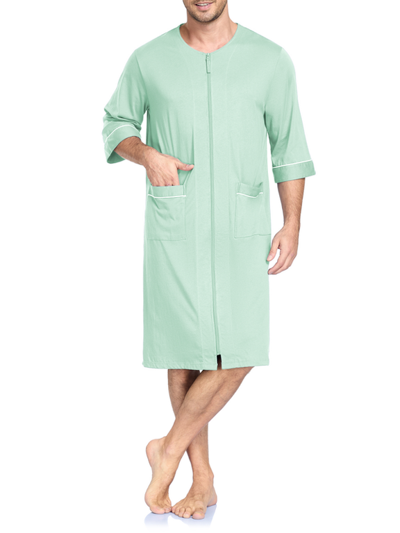 Men's 100% Cotton Robe Soft Zipper Bathrobes Short Sleeve Summer Kimono House Coat with Pockets (Turquoise, L)