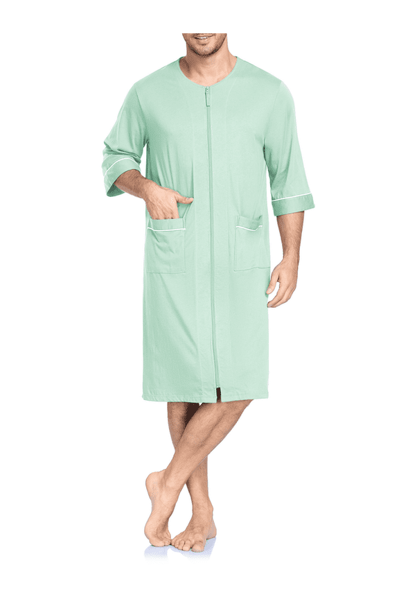 Men's 100% Cotton Robe Soft Zipper Bathrobes Short Sleeve Summer Kimono House Coat with Pockets (Turquoise, XL)