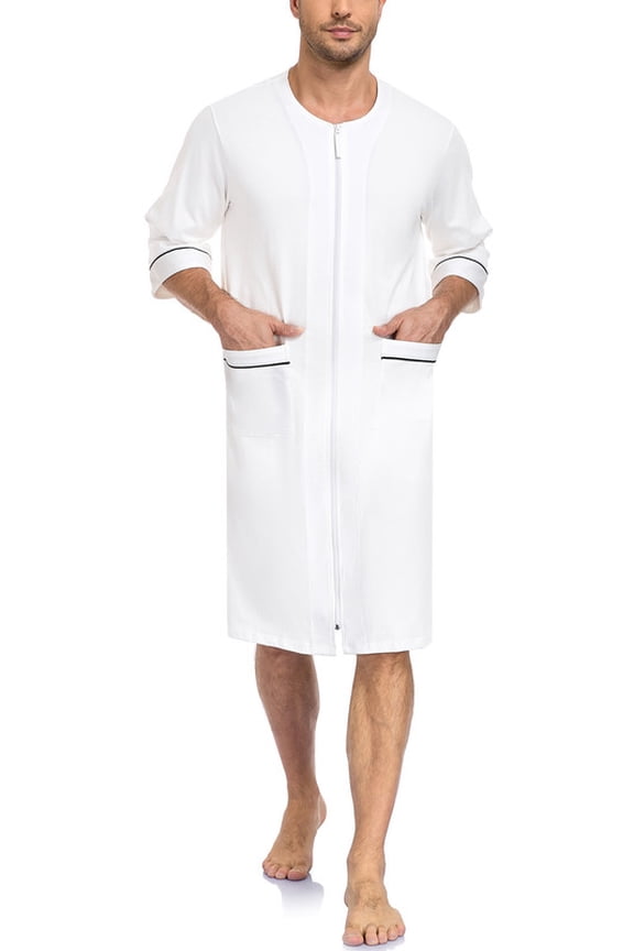 Men's 100% Cotton Robe Soft Zipper Bathrobes Short Sleeve Summer Kimono House Coat with Pockets (White, 2XL)