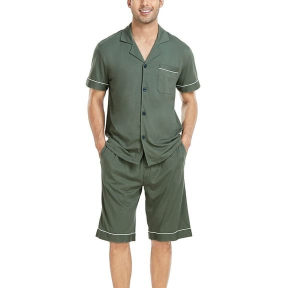 ANLIQI Men's 100% Cotton Short Sleeve Pajama Sets Button Down Notched Collar Sleepwear Soft Lounge Pjs with Pockets (Army Green, L)
