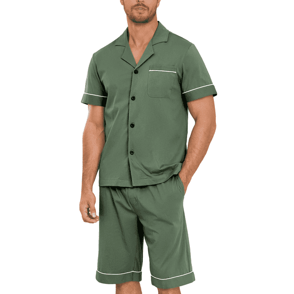 ANLIQI Men's 100% Cotton Short Sleeve Pajama Sets Button Down Notched Collar Sleepwear Soft Lounge Pjs with Pockets (Army Green, XL)